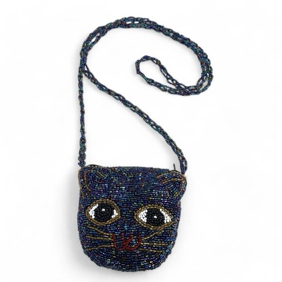 Beaded Cat Mini Crossbody Purse Top Zipper Blue Purple Iridescent Tube Beads 4" - Picture 1 of 10